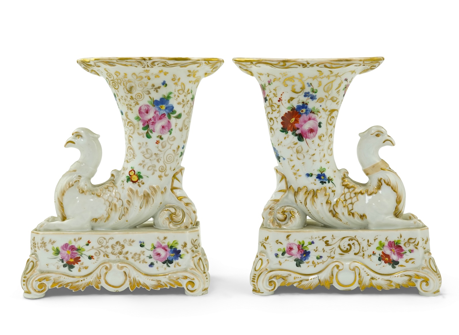 A pair of Paris porcelain cornucopia vases, mid 19th century